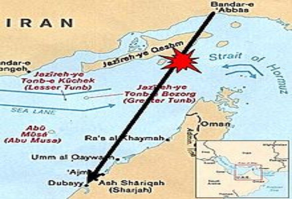 Strait of Hormuz depicting intended path of Iran Air 655 and approximate location of downing